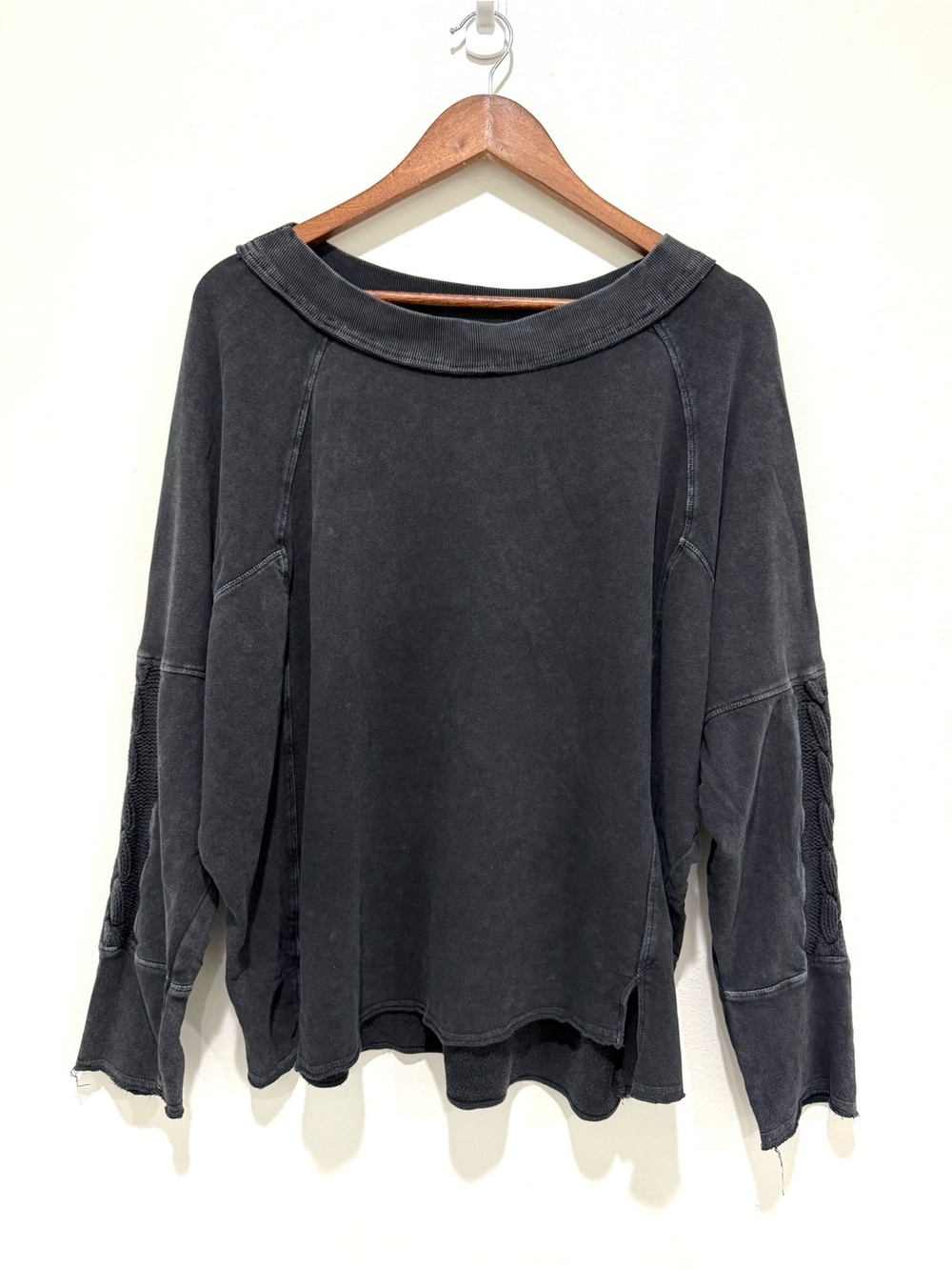 Easel Black Mineral Washed Boho Cotton Cable Knit Oversized Sweater Size Large